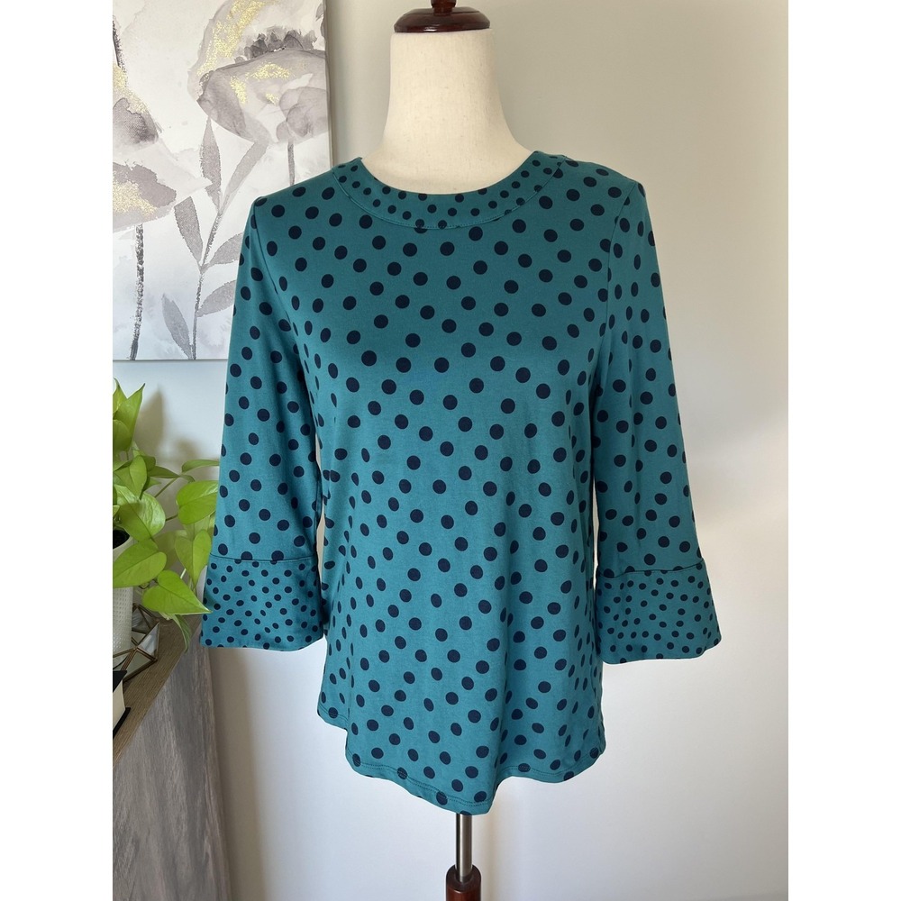 Boden Polka Dot Top Womens 8 Blue Jersey Bell Sleeve Blouse Casual Boho